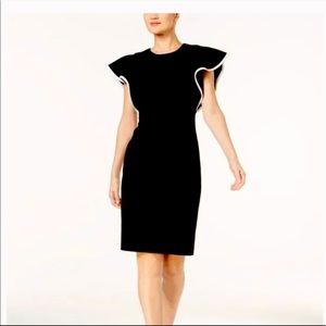 Black Calvin Klein Sheath dress with caped sleeve ruffle detail. Size 6